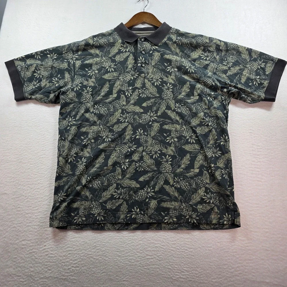 Cutter & Buck Mens Large‎ Gray Pineapple Palm Leaf Print Cotton Blend Polo Shirt